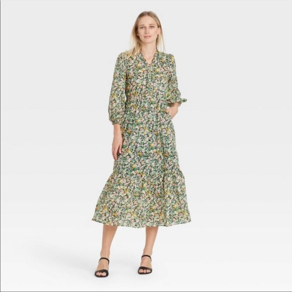 Women’s Green floral balloon long sleeve dress